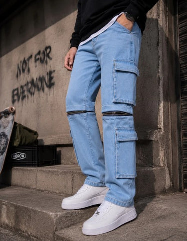 Men Blue Straight Convertible Cargo Denim Trouser