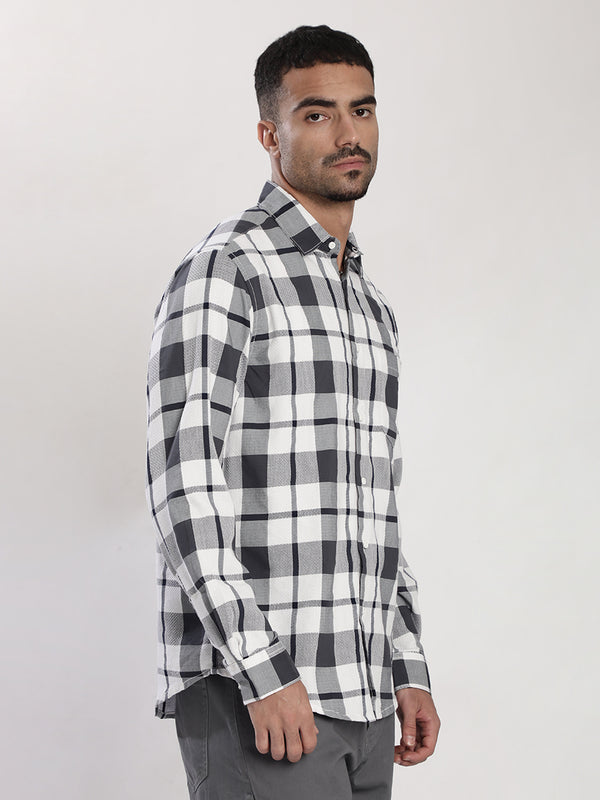 Men White and Grey Checked Shirt