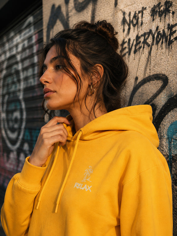 Women Mustard Relax Fit Kangroo Pocket Graphic Printed Hoodie