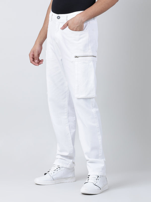 Men White Straight Cargo Jeans