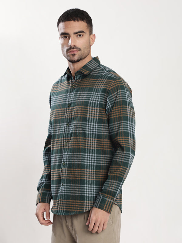 Men Green Checked Single Pocket Shirt