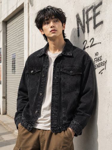 Unisex Mood Switch Relaxed Denim Jacket with Swappable Soild Patch