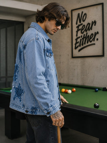 Unisex Mood Switch Relaxed Denim Jacket with Swappable Applique Patch