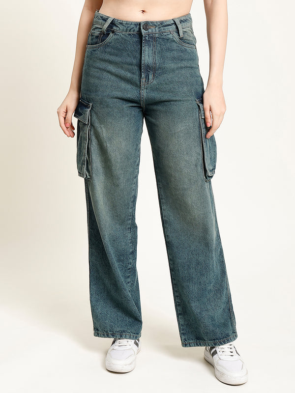 Women Blue-Green Light Faded Cargo Jeans