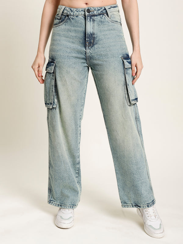 Women Low Fade Relaxed-Fit Tinted Denim Cargo Jeans
