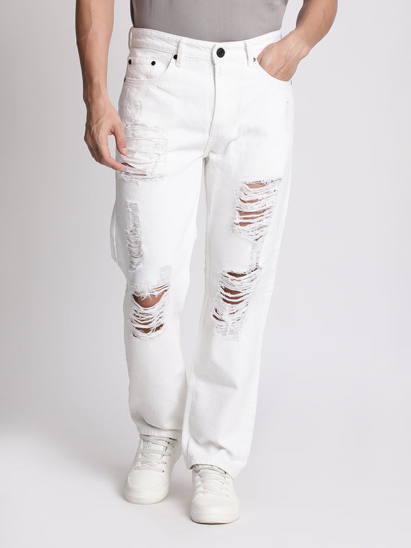 Men White Distressed Relaxed Fit Jeans