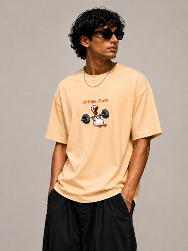 Men Beige Oversized Embroidered Half Sleeves T-Shirt