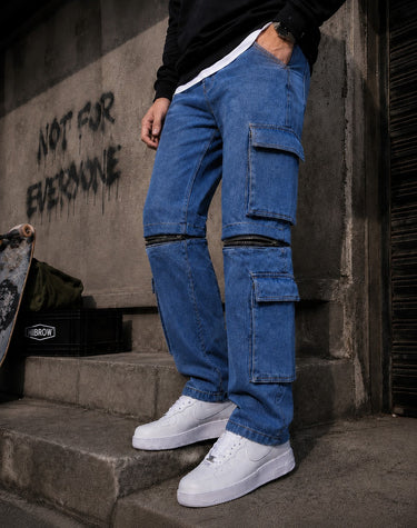 Men Navy Blue Straight Convertible Cargo Denim Trouser