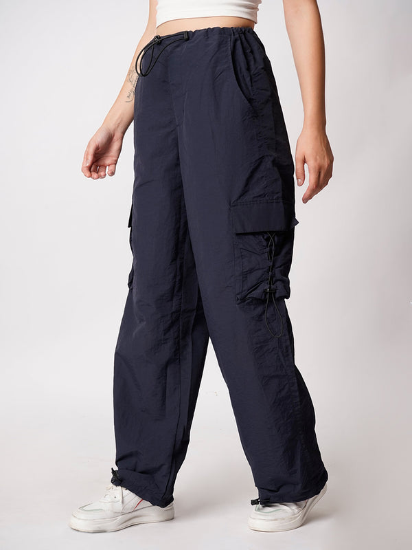 Women Navy  Parachute Fit  Crushed Nylon Cargos Trouser