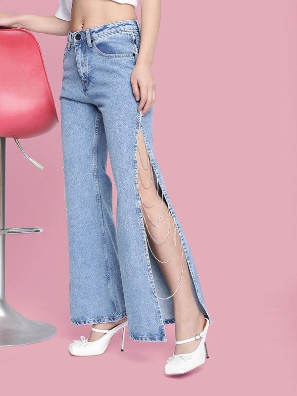 Women Blue Solid High Rise Flared Jeans