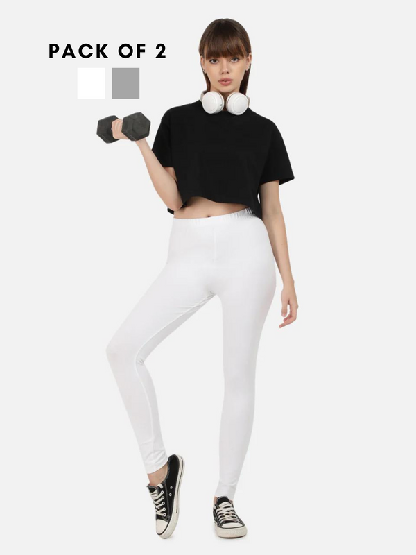 Women White/Grey Pack Of 2 Solid Cotton Leggings