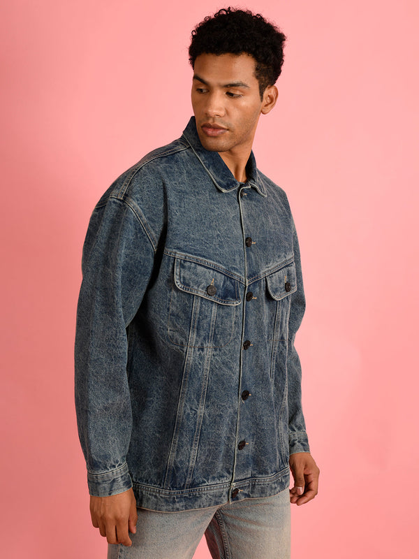 Men Blue Oversized Solid Denim Jacket