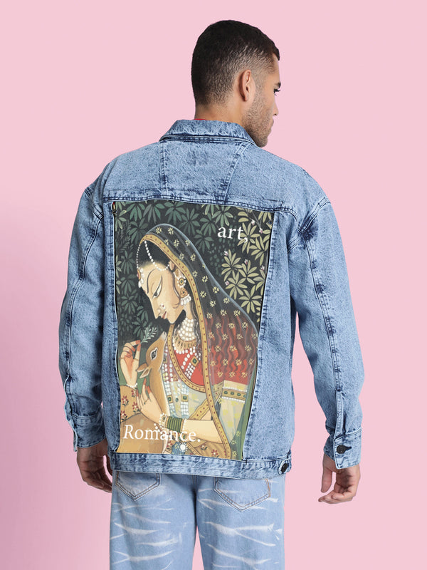 Men Blue Relaxed Fit Denim Jacket With Swappable Graphic Patch