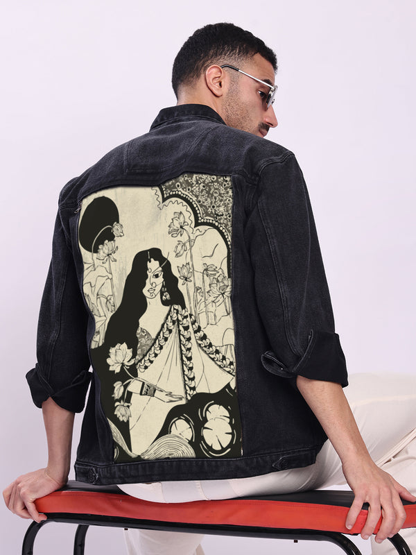 Men Cotton Denim Jacket with Swappable Back Graphics panel
