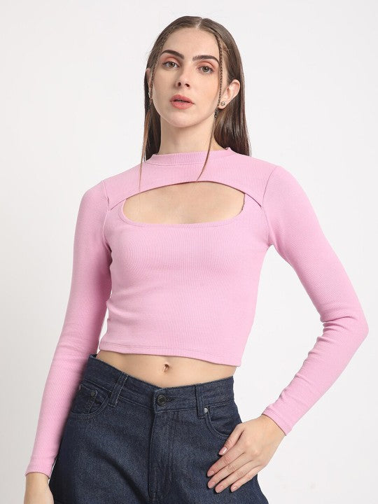 Women Solid Ribbed top with Front cut out detailing