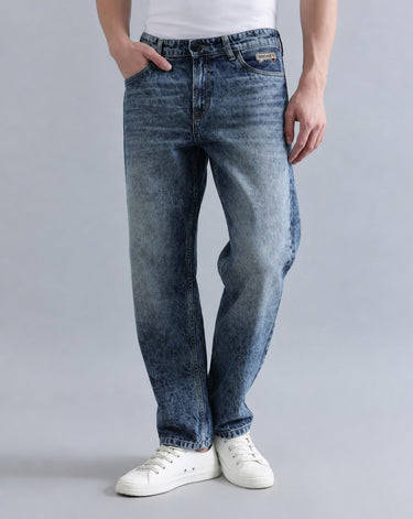 Men Blue Badge Heavy Washed Relaxed Fit Jeans