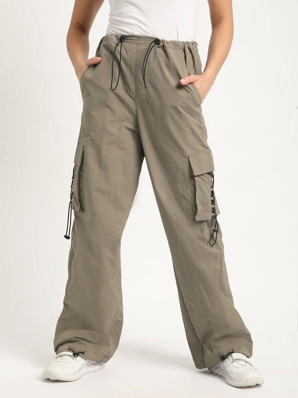 Women Silver Mink High Rise Parachute Fit Solid Cargo Trouser