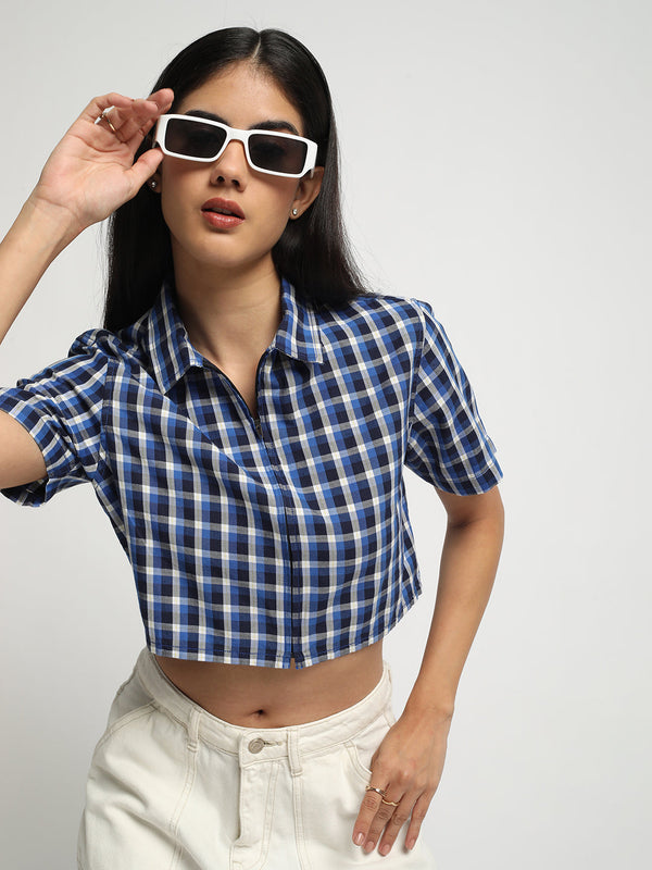 Women Royal Blue Cropped Checked Shirt with Zip Closure