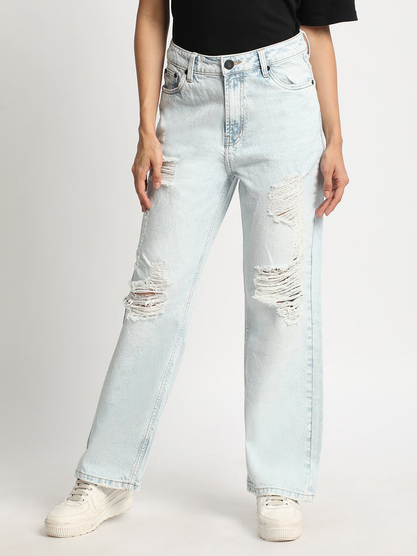 Women Blue Distress Straight Fit Denim Trouser