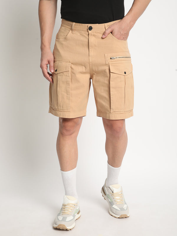 Men Beige Solid Mid-Rise Cargo Shorts