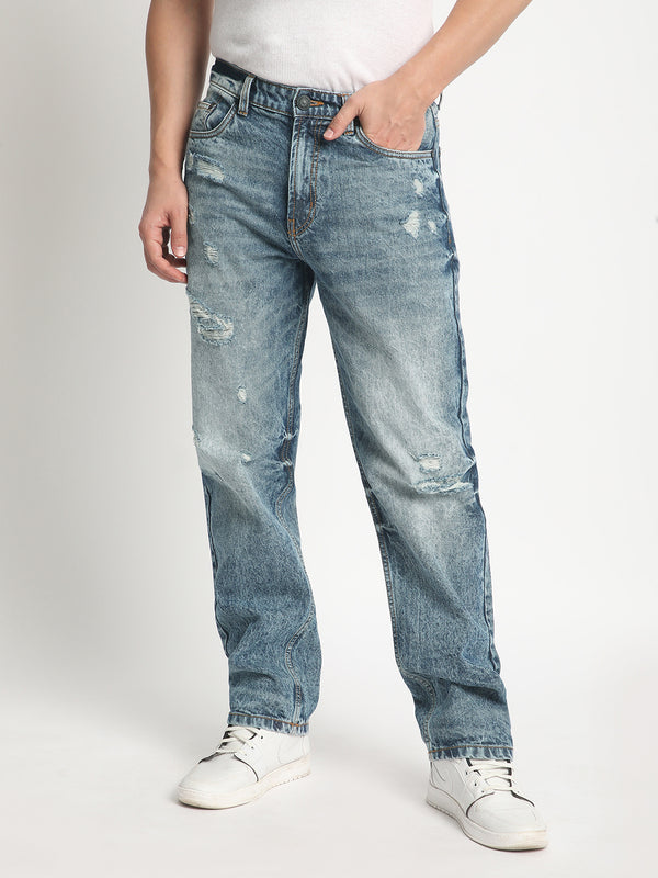 Men Straight Heavy Washed Distressed Jeans