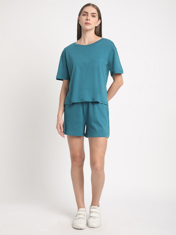Women Teal Oversized Solid Pure Cotton T-Shirt With Shorts