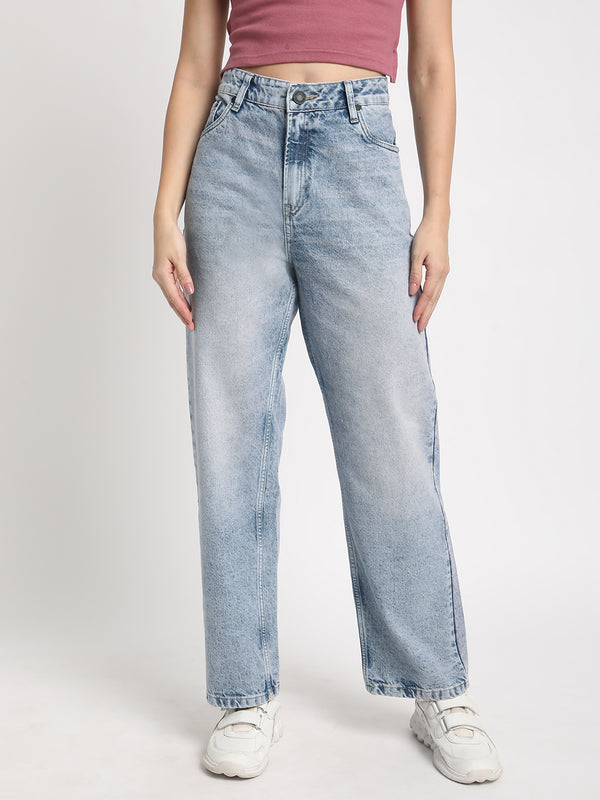 Women Blue Straight Fit Solid Tinted Jeans