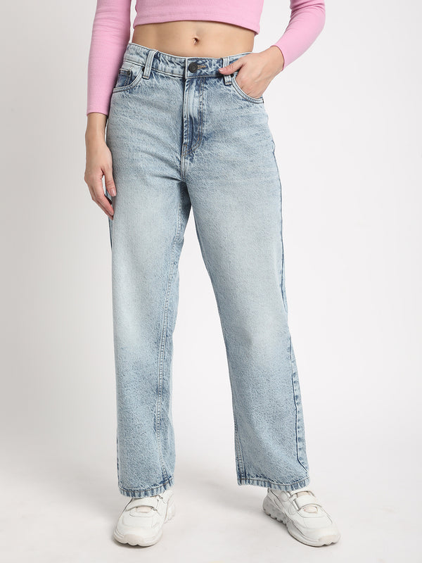 Women Blue Solid Straight Denim Jeans