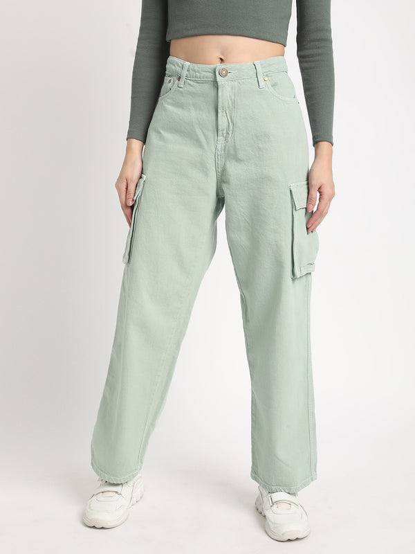 Women Mint Green Relaxed-Fit Solid Denim Cargo Jeans