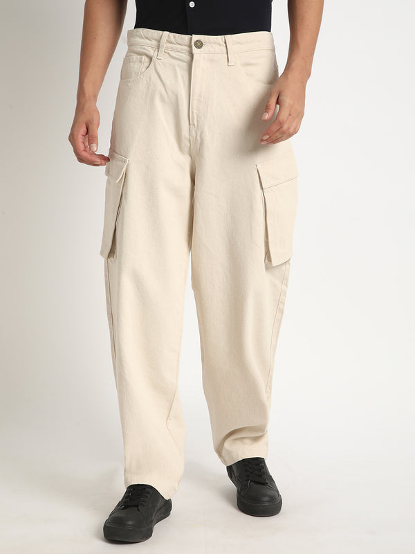 Men Ecru Baggy-Fit Solid Cargo Jeans