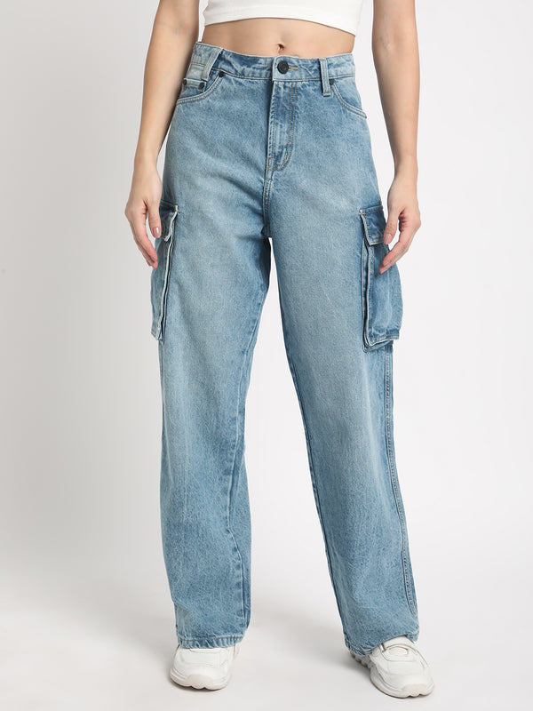 Womens Blue Relaxed Fit Denim Cargo Jeans
