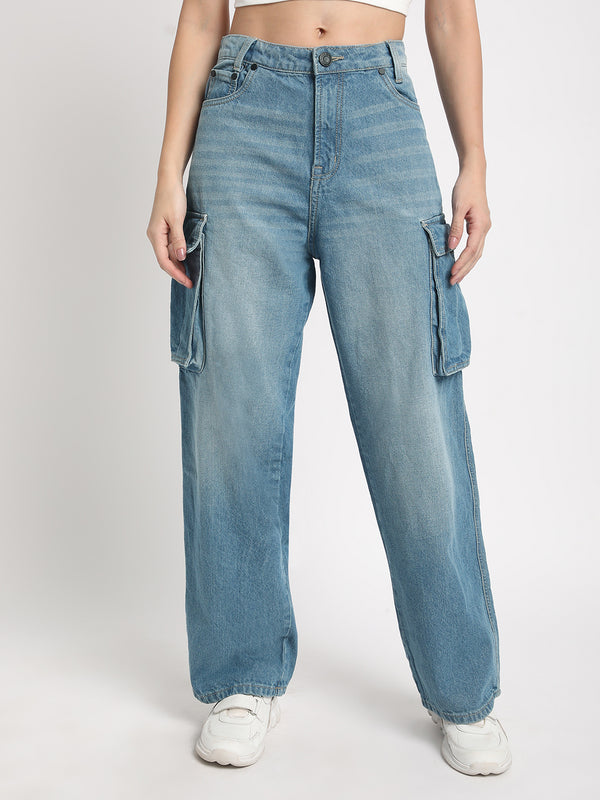 Women Mid-Blue Relaxed-Fit Denim Cargo Jeans