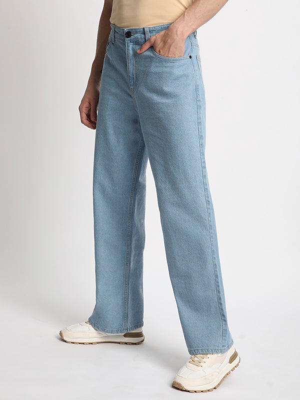 Men Light Blue Wide-Leg Solid Denim Jeans