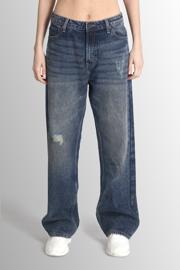 Women Relaxed High Rise Green Tinted Distress Denim