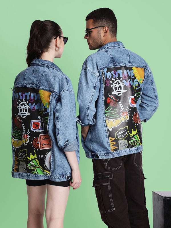 Unisex Blue Oversized Fit Denim Jacket With Swappable Graphic Patch