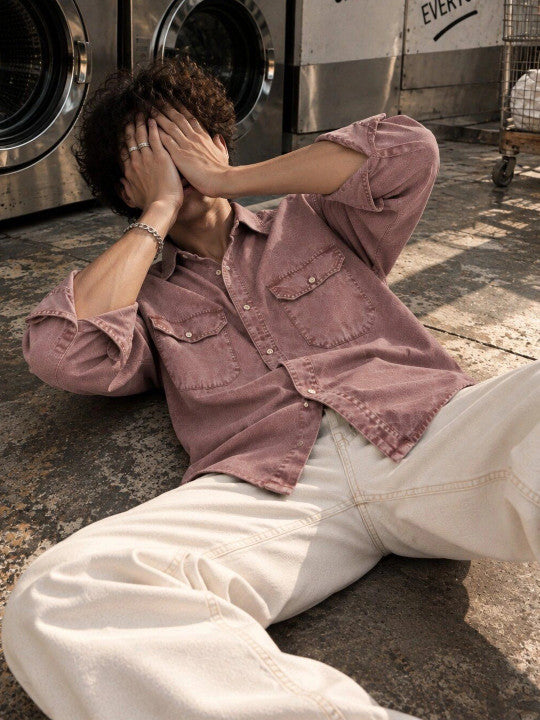 Men Sulphur Washed Regular Double Pocket Casual Shirt