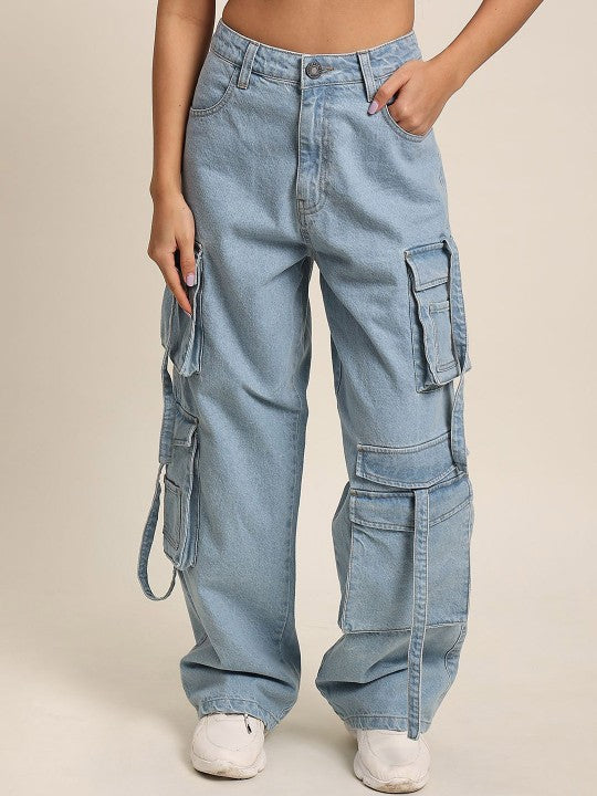 Women Light Blue Baggy-Fit Denim Cargo Jeans