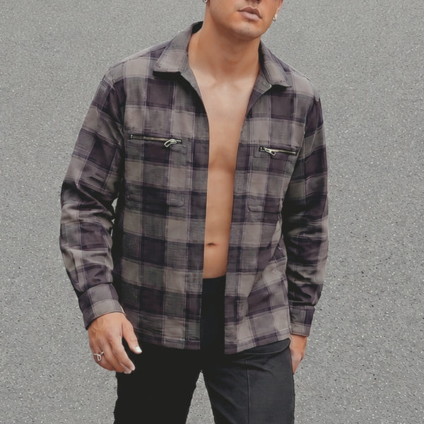 Men Relaxed Zippers Plaid Casual Over Shirt