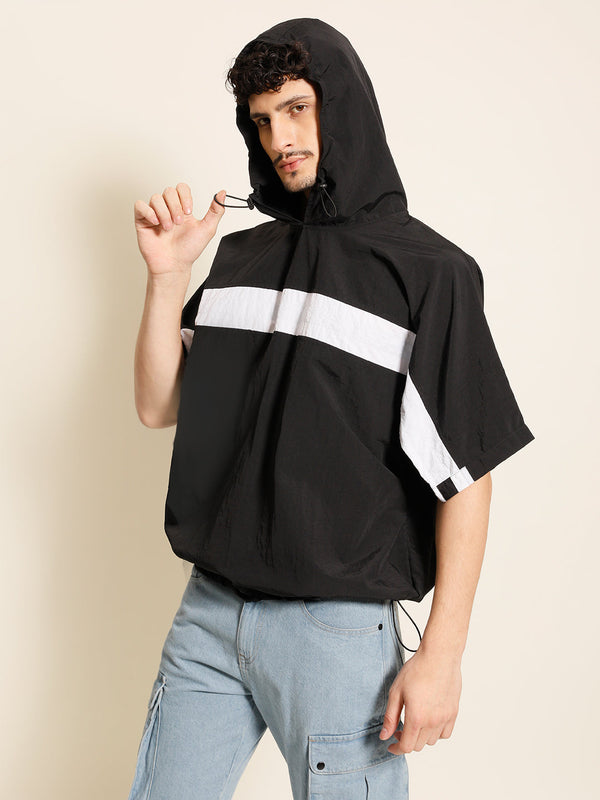 Men Black Half-Sleeve Hooded Stripe Accents Shirt