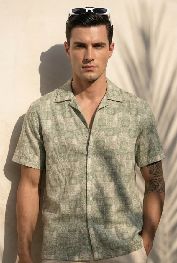 Men Relax Fit Printed Textured  Resort Collar Casual Half Sleeve Shirt