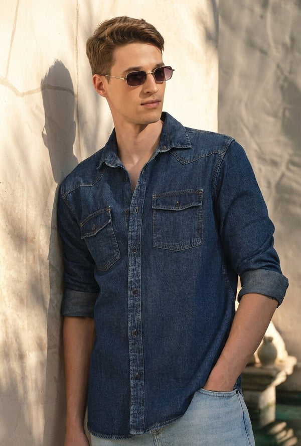 Men Regular Western Yoke Denim Shirt