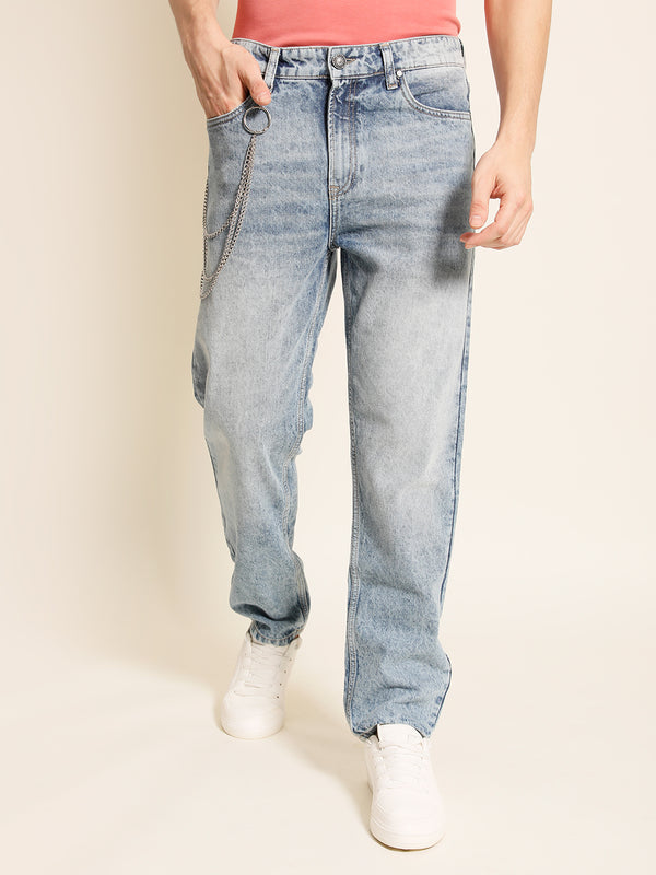 Men White Straight-Fit Solid Denim Cargo Jeans