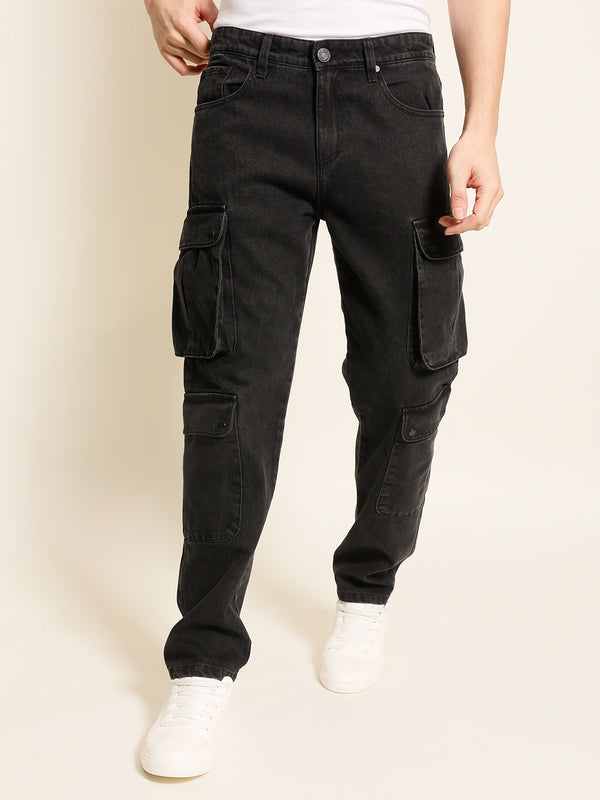 Men Charcoal Grey Relaxed Cargo Trousers