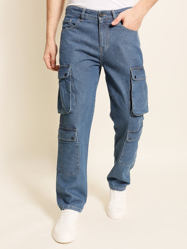 Men Blue Relaxed-Fit Solid Cargo Jeans