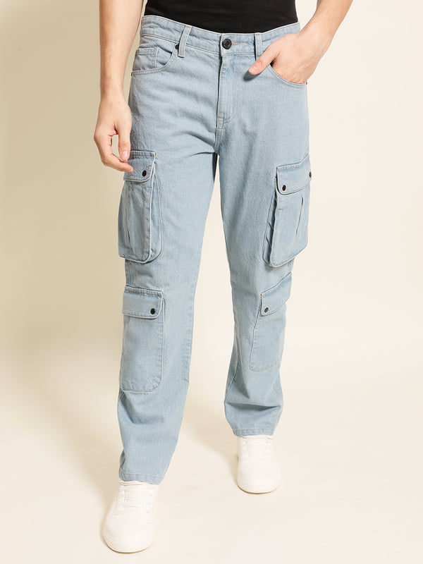 Men Light Blue Relaxed-Fit Solid Cargo Jeans