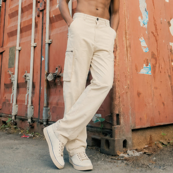 Men Ecru Straight Cargo Jeans