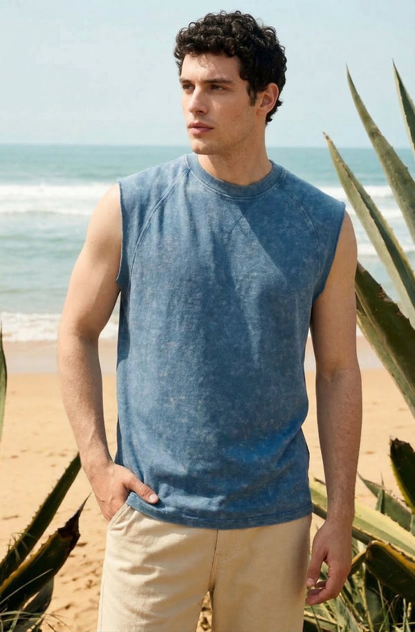 Men Oversized Fit Raglan Vest With Raw Edges Sleveless T-Shirt