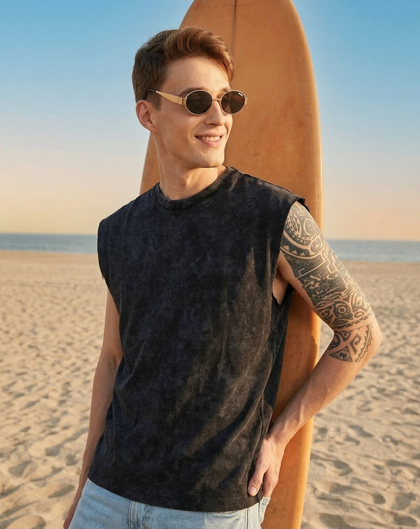 Men Oversized Casual Sleeveless Acid Wash T-Shirt