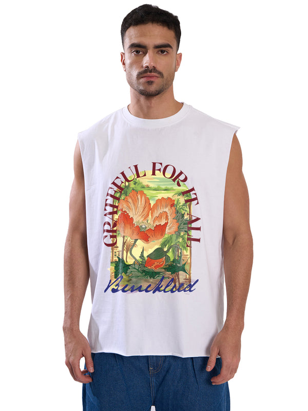 Men White Sleeveless Graphic Print Oversize T Shirt