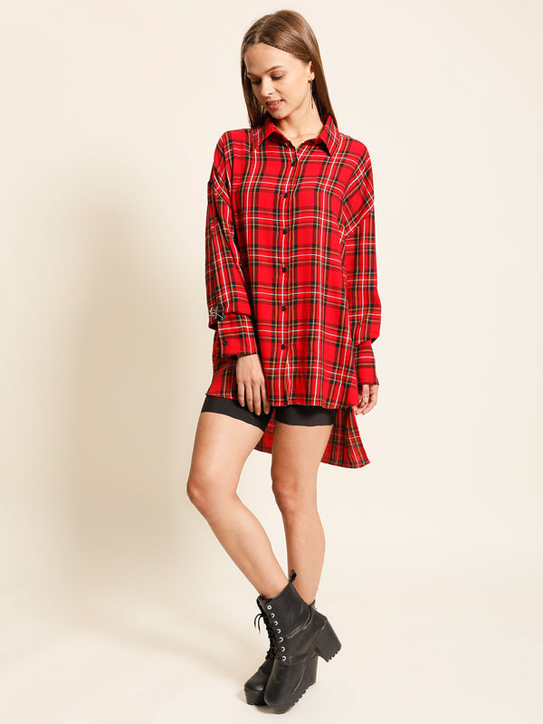 Women Red Oversized Checks Shirt